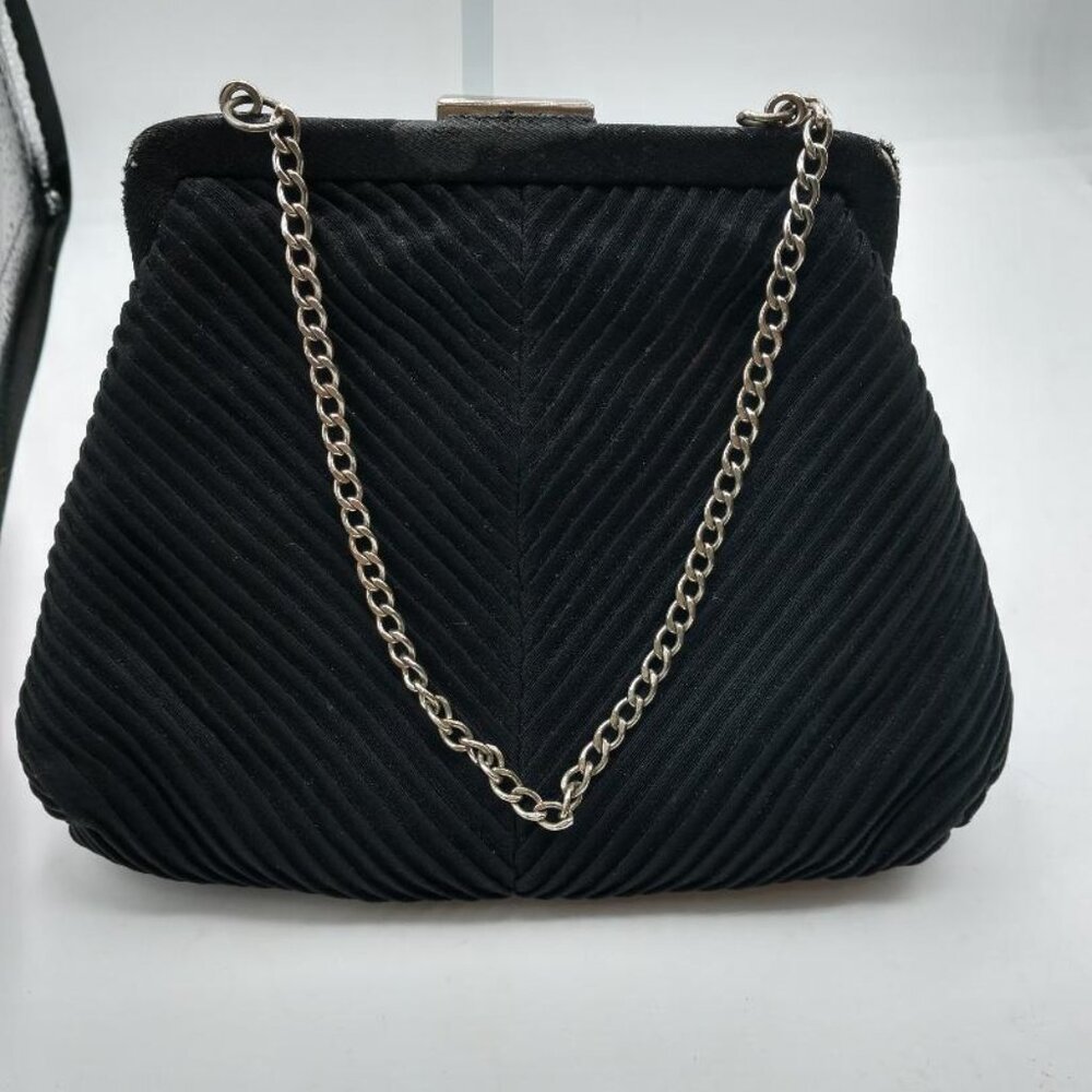 Vintage J.R. evening purse black satin w/cute attached change purse with mirror